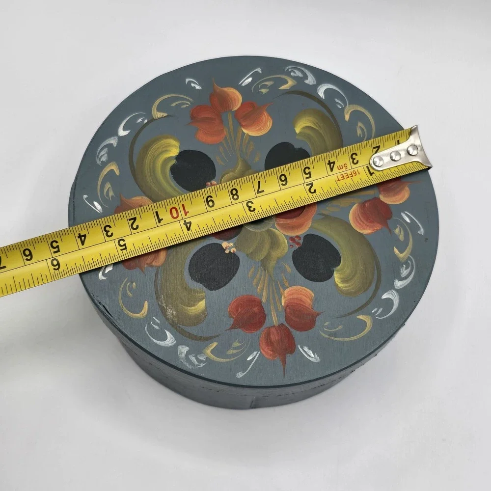 Vintage Wood Wooden Tole Hand Made Hand Painted Round Trinket Box Floral